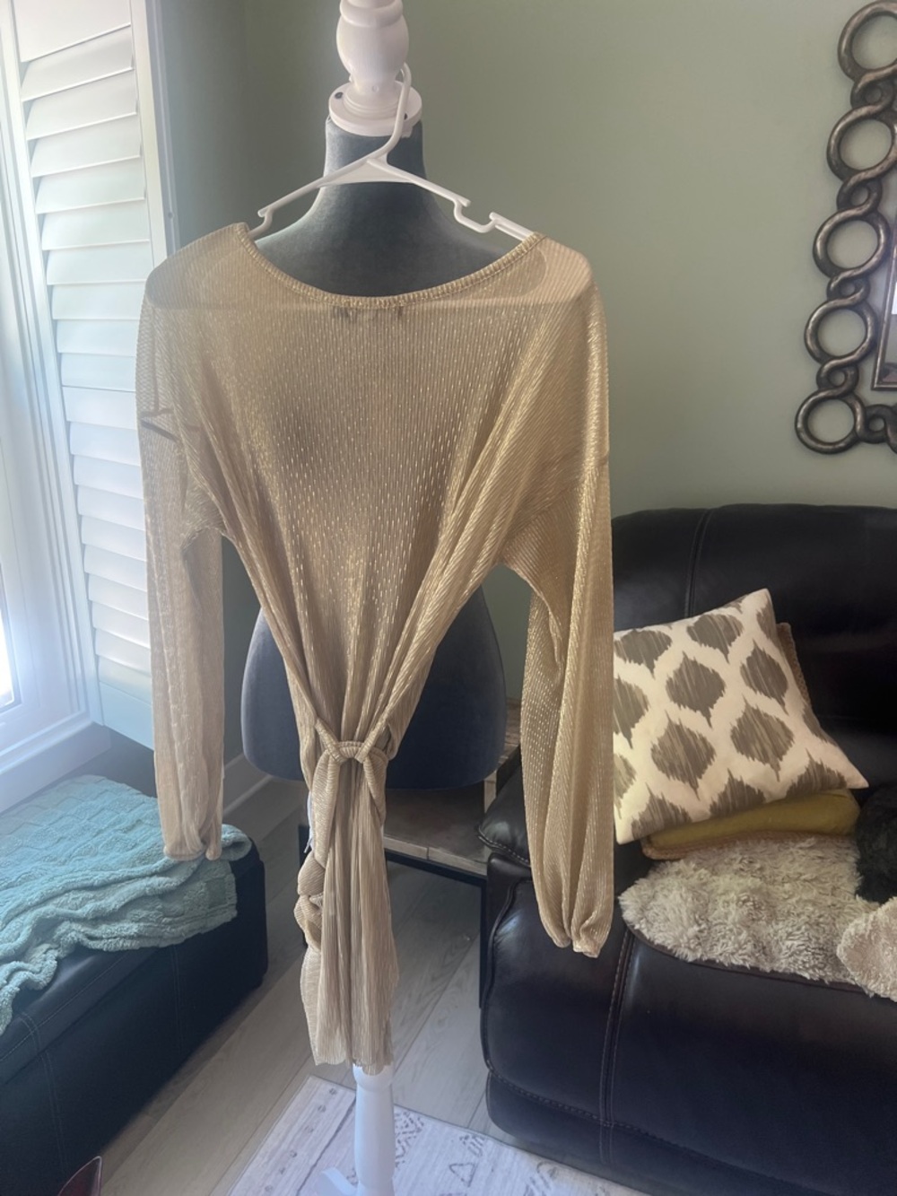 PrettyLittleThing Metallic Beige Twist-Front Long Sleeve Dress - Picture 2 of 8